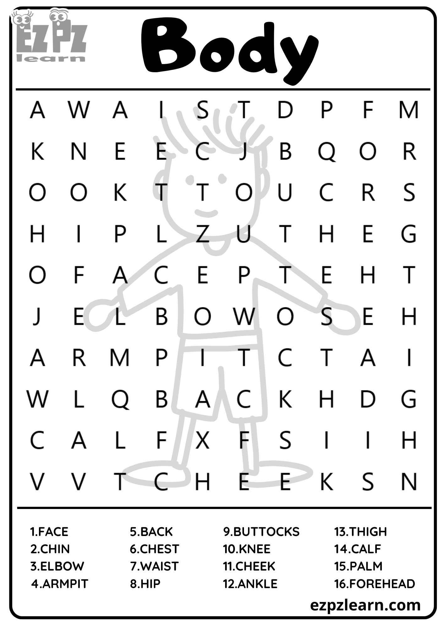 My Body Vocabulary Word Search 16 Words PDF For Kids